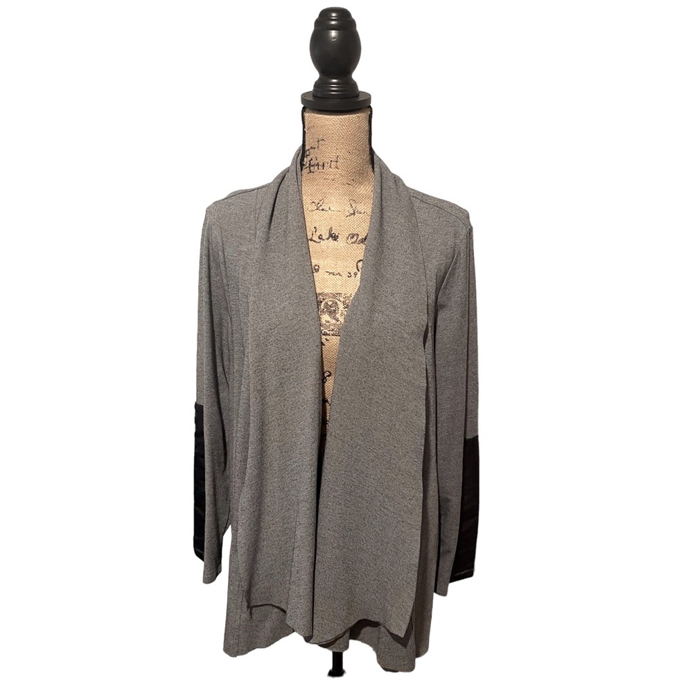 Joan Vass New York Grey Cardigan w/ Faux Leather Trim